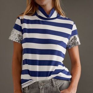 Anthropologie Maeve Turtleneck Blue and White Striped Top with Sequin Sleeves
